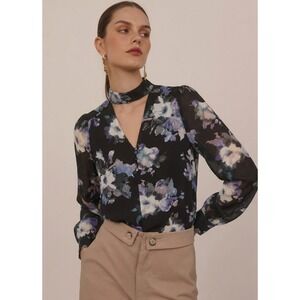 Belle Vere Women's Floral Black Choker Neck Workwear Career Blouse Top Size XS